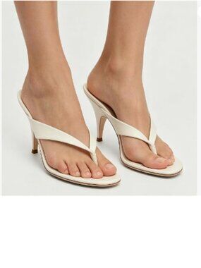 FSJ White Open Toe Slip On Mid Heel Flip Flop Mules Thong Heeled Sandals